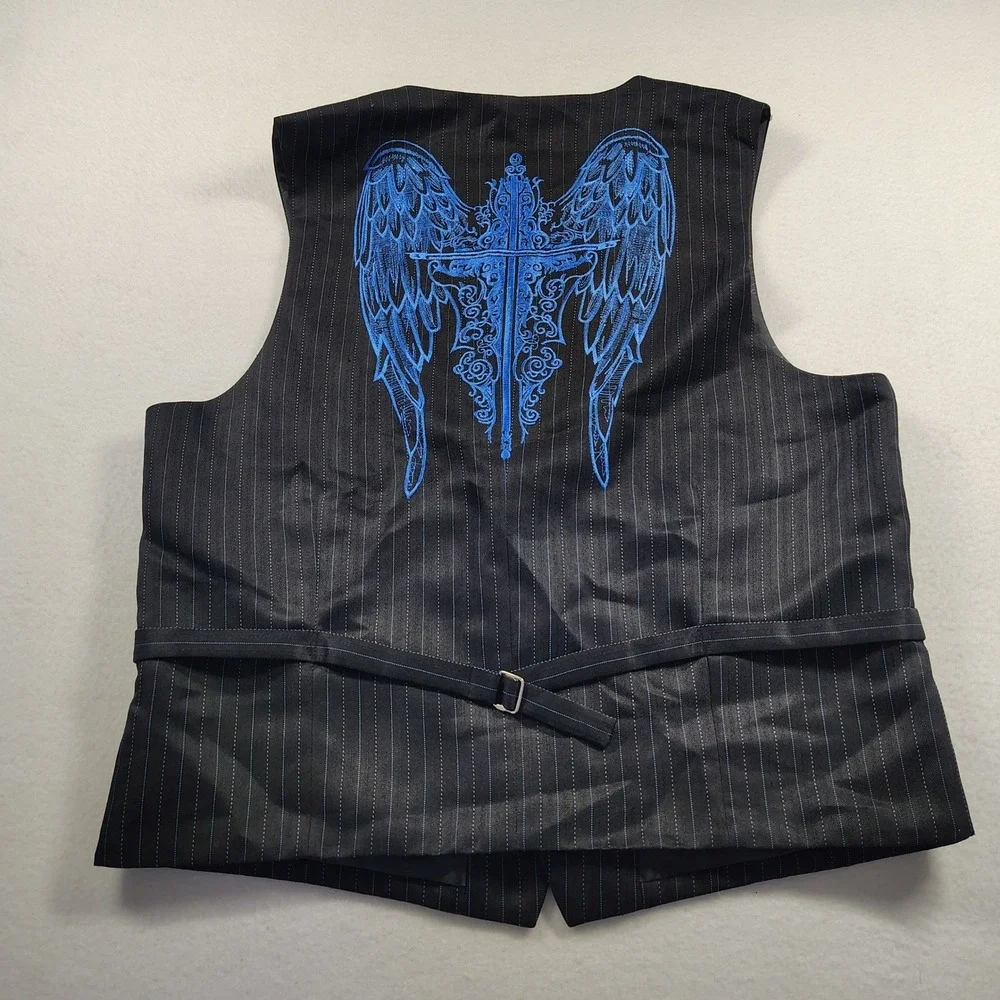 Meztizos USA Mens Pinstripe Vest Black Blue Angel Wing Cross Embroidered XL